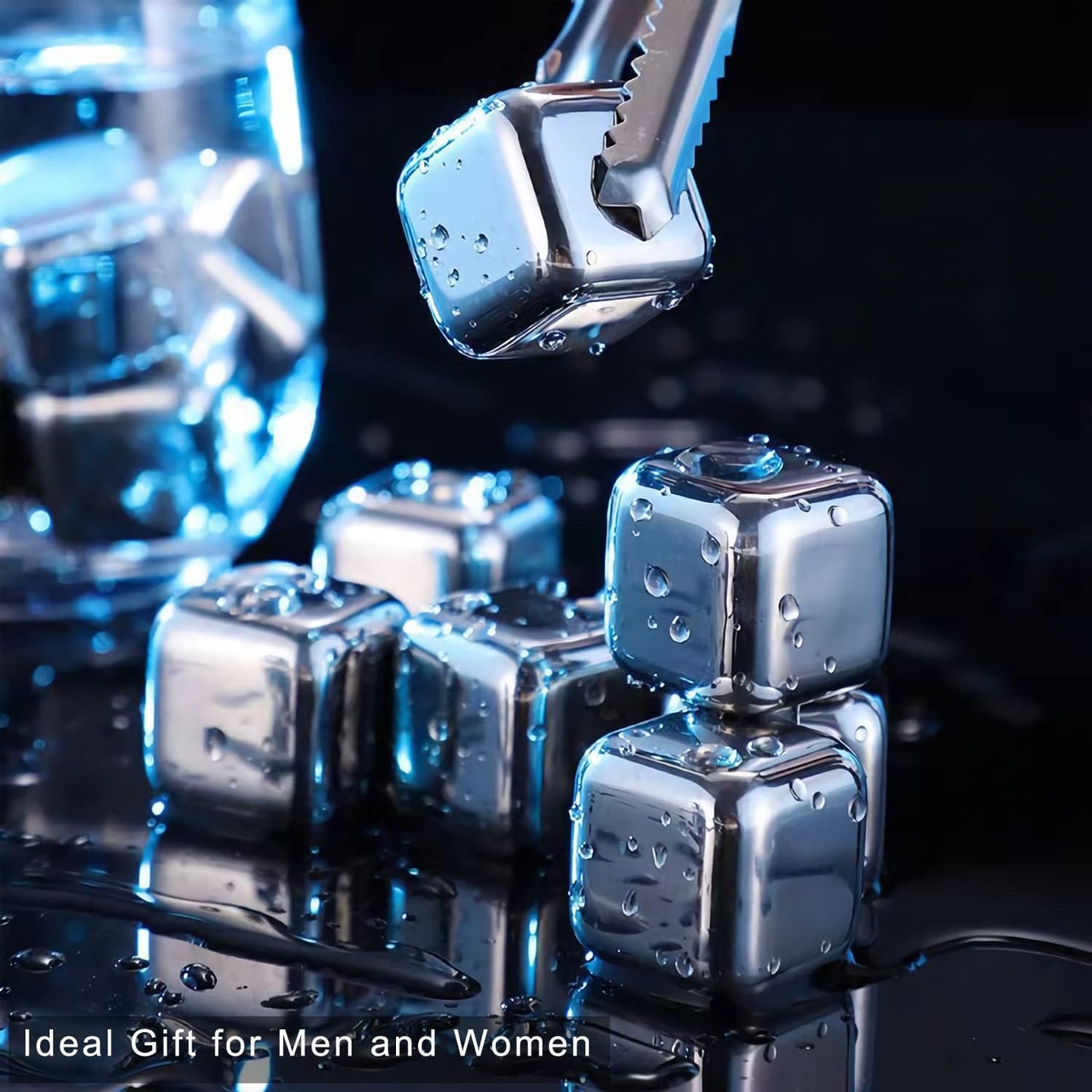 Stainless Steel Ice Cubes, Reusable Ice Cubes Set with Silicone Head Tongs and Ice Cube Trays - Pack of (8) Bowlift