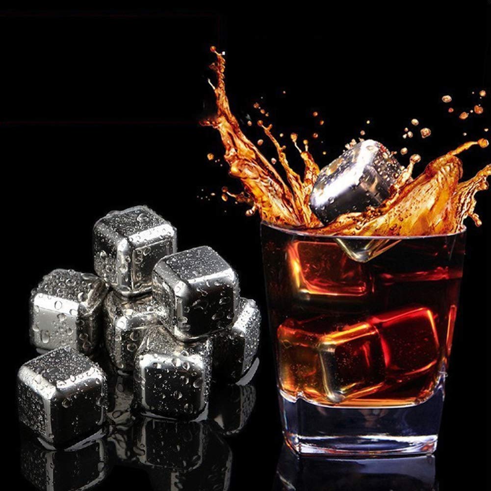 Stainless Steel Ice Cubes, Reusable Ice Cubes Set with Silicone Head Tongs and Ice Cube Trays - Pack of (8) Bowlift