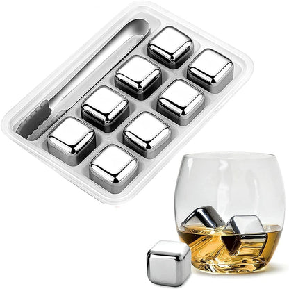 Stainless Steel Ice Cubes, Reusable Ice Cubes Set with Silicone Head Tongs and Ice Cube Trays - Pack of (8) Bowlift