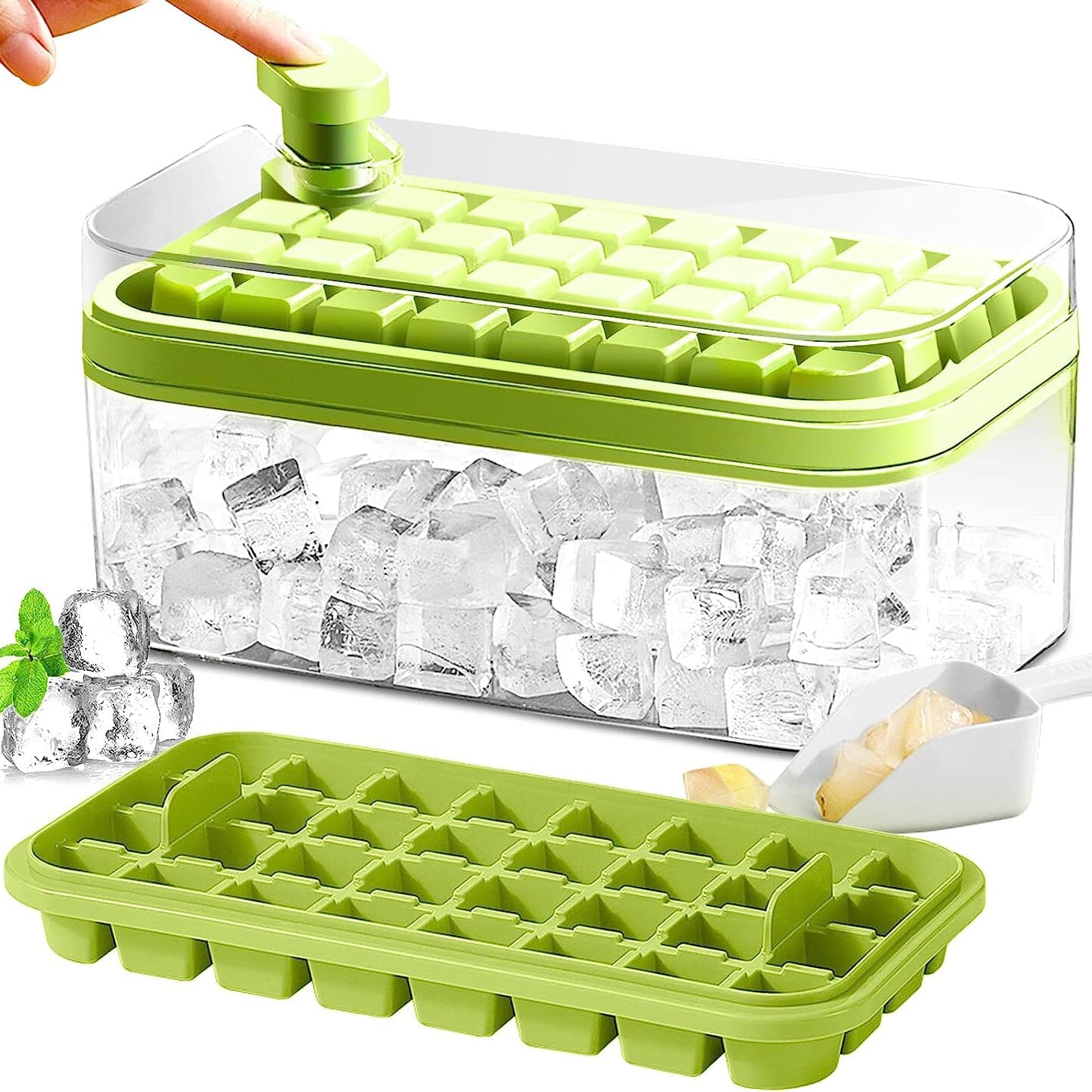 Skanto | 101oz. Ice Cube Tray Set - 64-Cell Silicone Ice Cube Tray with Lid and Container