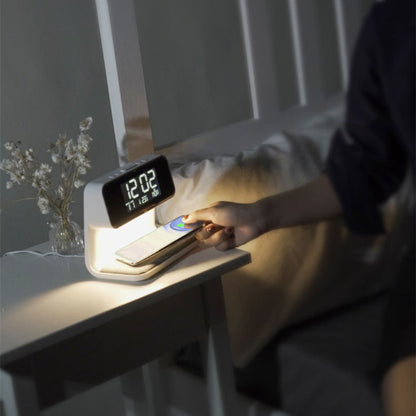 Skanto | 3-in-1 Bedside Lamp with Wireless Charger – LCD Alarm Clock & Touch Dimmable LED Desk Lamp