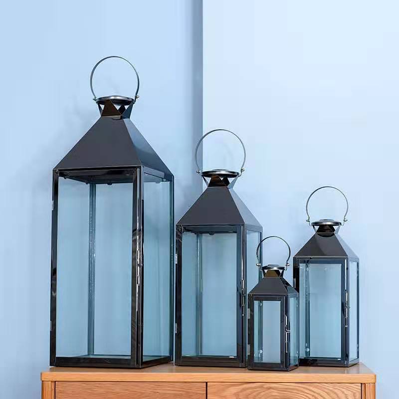 Stainless Steel Glass Hurricane Lantern Set with Hinged Door and Top Carry Ring Acalora