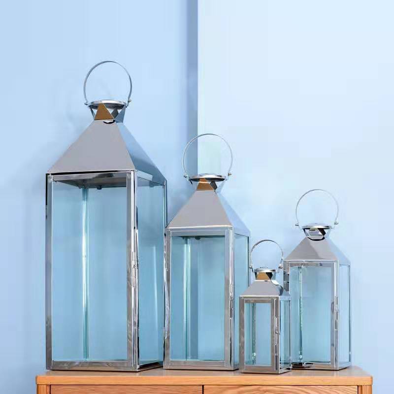 Stainless Steel Glass Hurricane Lantern Set with Hinged Door and Top Carry Ring Acalora