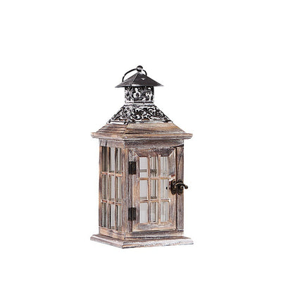 Rustic Distressed Wood Windowpane Glass Candle Lantern Set with Ornate Metal Roof Acalora