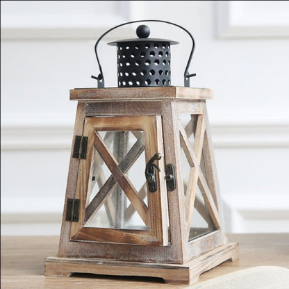 Vintage Farmhouse Glass-Panel Tapered Wooden Lantern with Perforated Metal Chimney Acalora