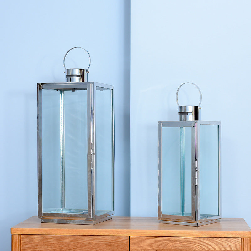 Tall Rectangular Stainless Steel Glass Panel Lantern with Hinged Door and Loop Handle Acalora