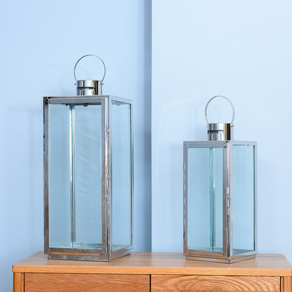 Tall Rectangular Stainless Steel Glass Panel Lantern with Hinged Door and Loop Handle Acalora