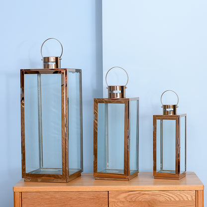 Tall Rectangular Stainless Steel Glass Panel Lantern with Hinged Door and Loop Handle Acalora