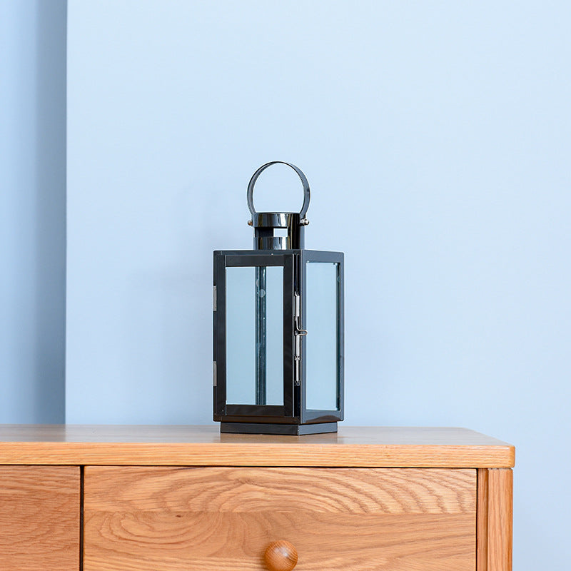 Tall Rectangular Stainless Steel Glass Panel Lantern with Hinged Door and Loop Handle Acalora