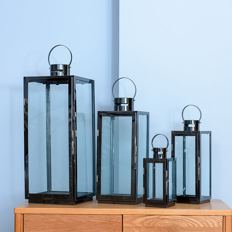 Tall Rectangular Stainless Steel Glass Panel Lantern with Hinged Door and Loop Handle Acalora