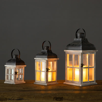 Multi-Piece Rustic Wooden Candle Lanterns with Metal Tops and Paneled Glass Acalora