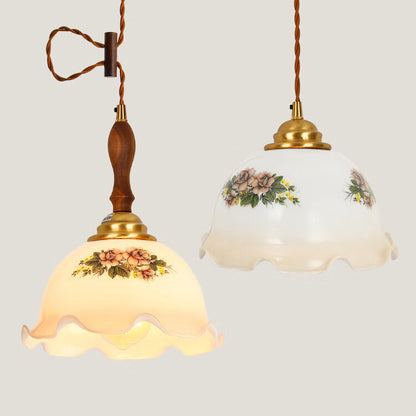 Skanto | Traditional Vintage Brass Cord Walnut Wood Glass Flower Curved 1-Light Pendant Lamp for Dining Room