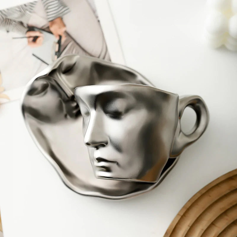 Metal Touching Face Creative Ceramic Kiss Coffee Cup, Artistic Vibe Mug & Saucer Set | Bowlift
