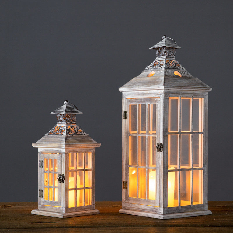 Rustic Distressed Wood Windowpane Glass Candle Lantern Set with Ornate Metal Roof Acalora