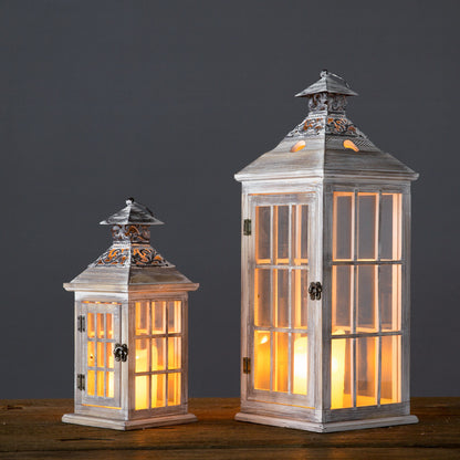 Rustic Distressed Wood Windowpane Glass Candle Lantern Set with Ornate Metal Roof Acalora