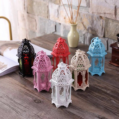 Moroccan-Style Metal and Glass Decorative Hanging Lantern with Intricate Filigree Acalora