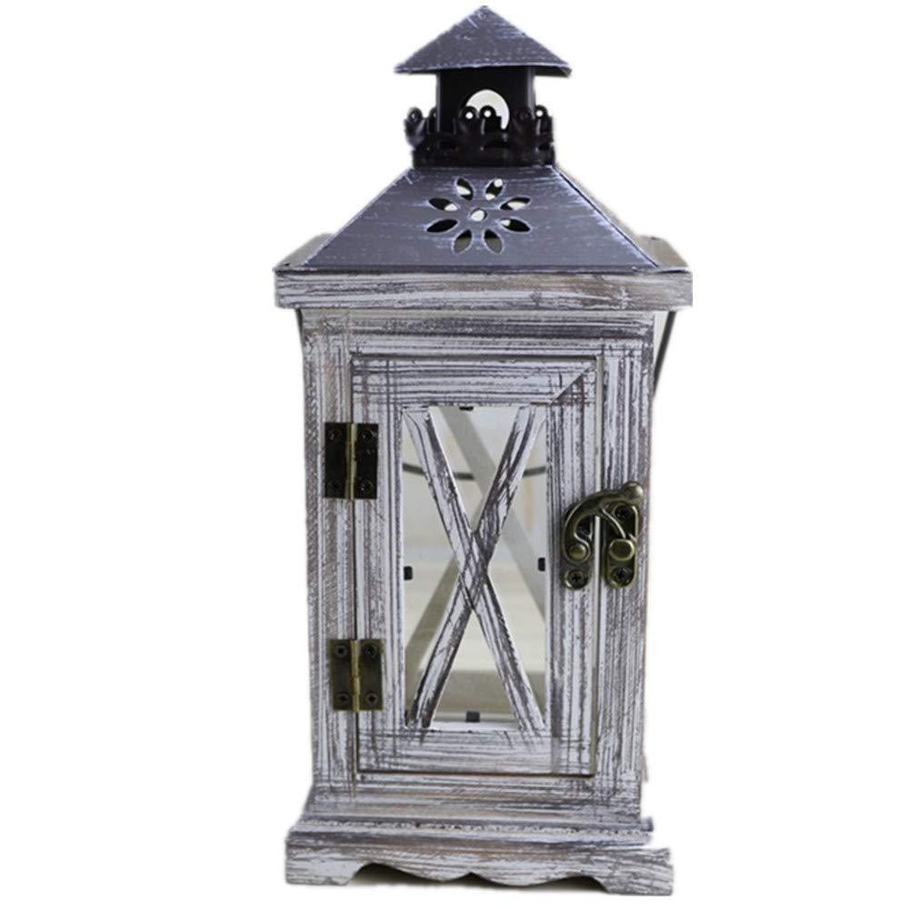 Antique-Style Glass Pane Window Lantern with Distressed Wood Frame and Vented Metal Roof Acalora