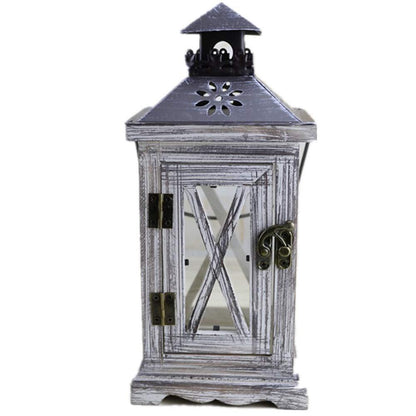 Antique-Style Glass Pane Window Lantern with Distressed Wood Frame and Vented Metal Roof Acalora