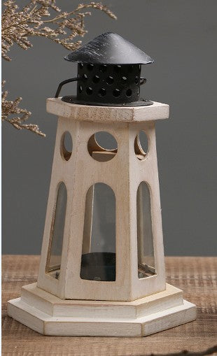 Rustic Distressed Wood Lantern Candle Holder with Glass Panels and Metal Roof Acalora