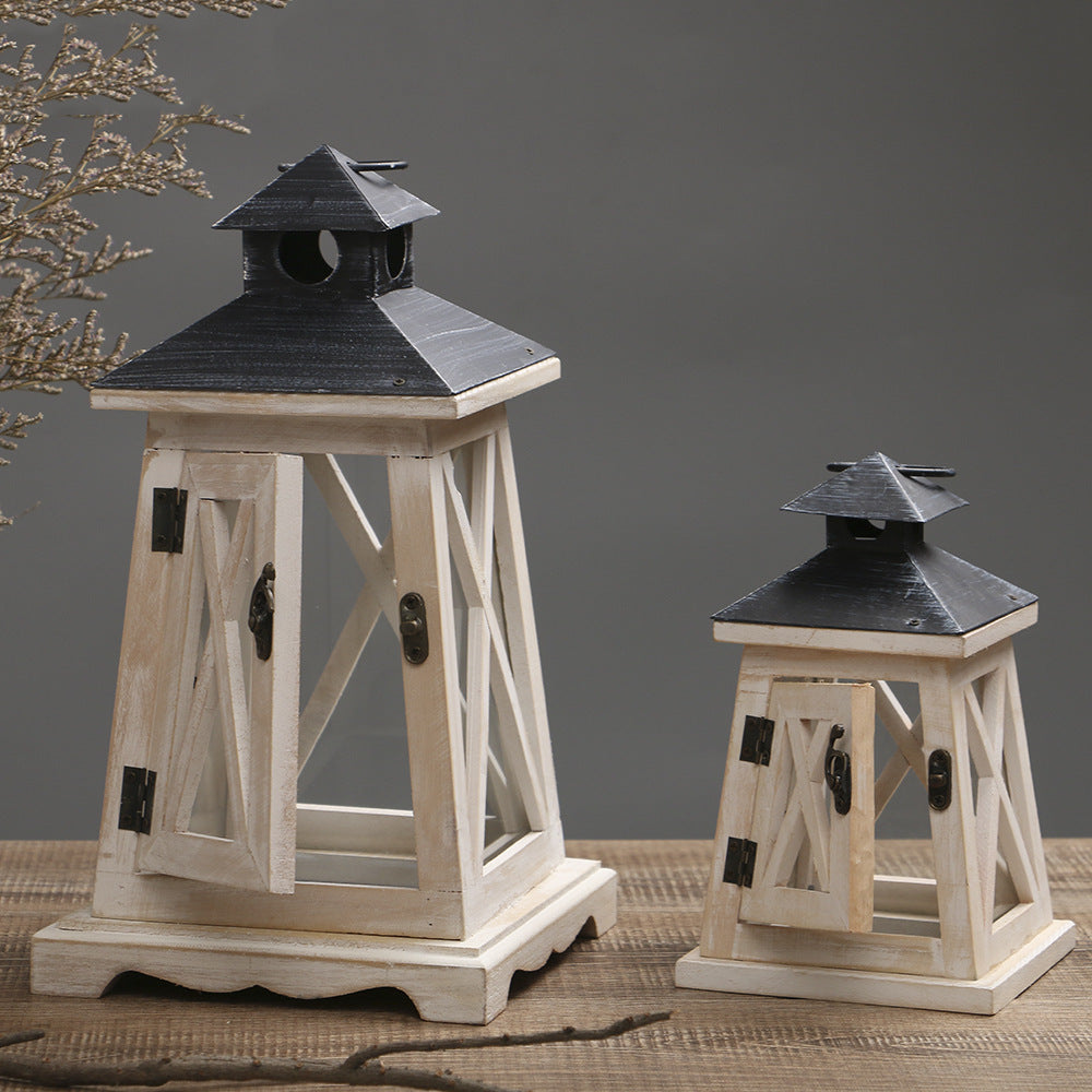 Rustic Distressed Wood Lantern Candle Holder with Glass Panels and Metal Roof Acalora
