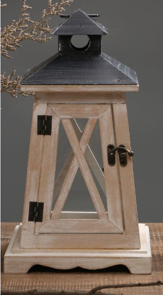 Rustic Distressed Wood Lantern Candle Holder with Glass Panels and Metal Roof Acalora