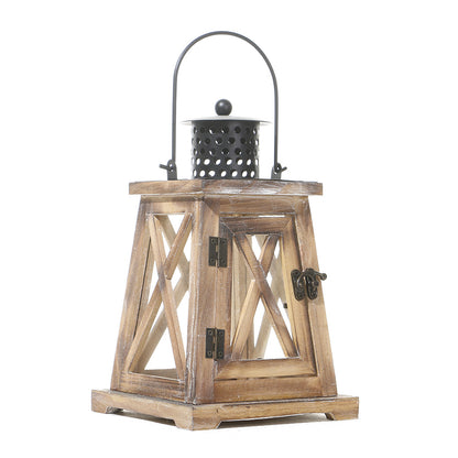 Rustic Wooden Glass-Paneled Lantern with Metal Roof and Latch Candle Holder Acalora