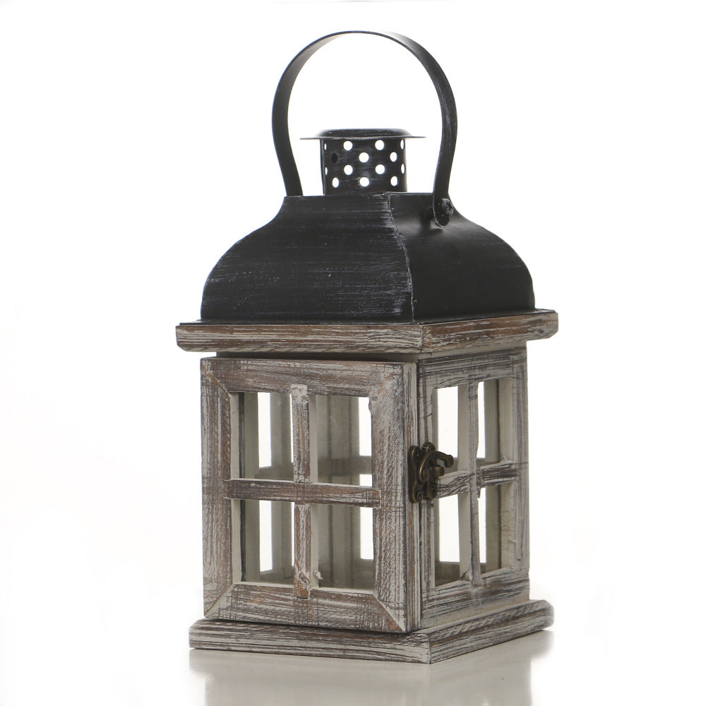 Distressed Wood Glass Candle Lantern with Perforated Metal Top and Vintage Latch Acalora