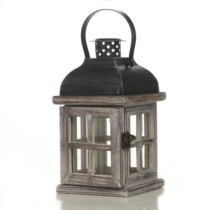 Distressed Wood Glass Candle Lantern with Perforated Metal Top and Vintage Latch Acalora