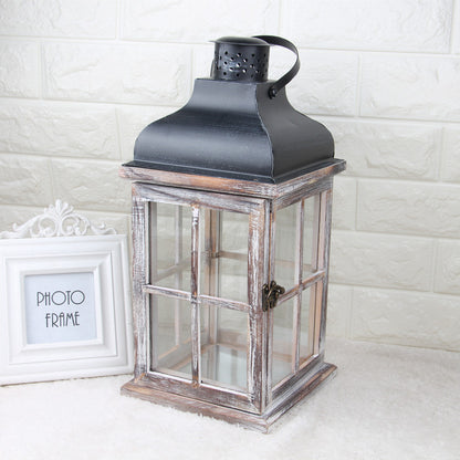 Rustic Wooden Glass-Paneled Lantern with Metal Roof and Latch Candle Holder Acalora
