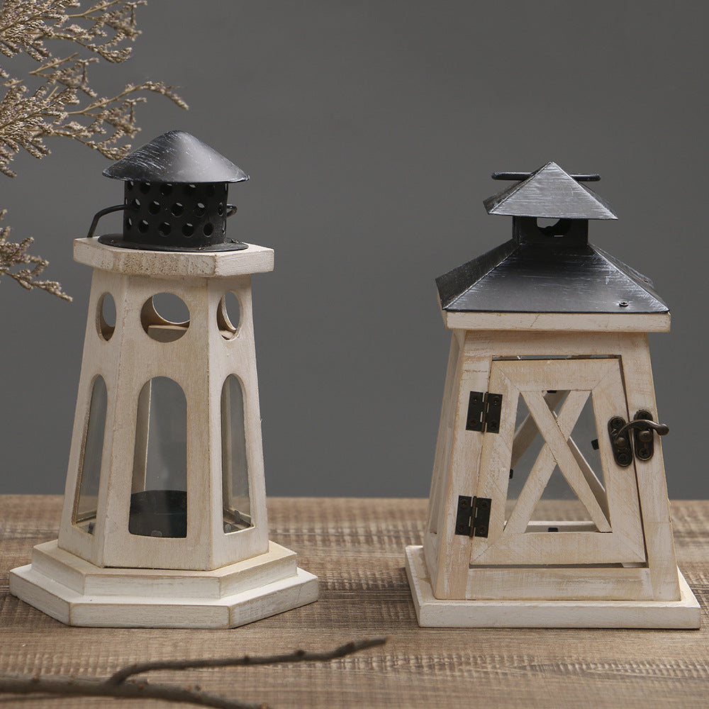 Distressed Wood Glass Candle Lantern with Perforated Metal Top and Vintage Latch Acalora
