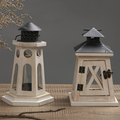 Distressed Wood Glass Candle Lantern with Perforated Metal Top and Vintage Latch Acalora