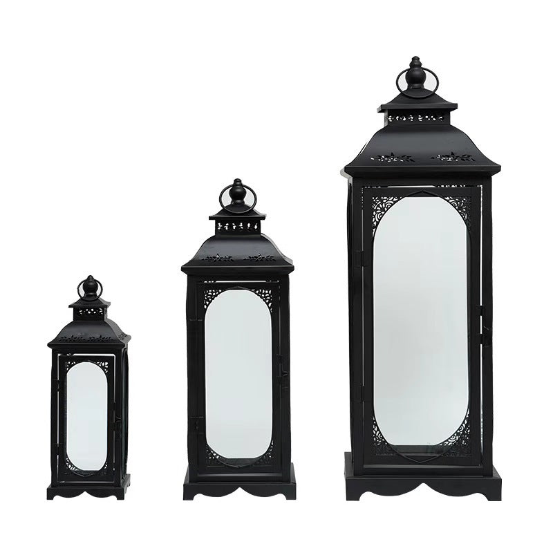 Decorative Metal Glass Lantern Set with Arched Paneled Windows and Filigree Top Acalora