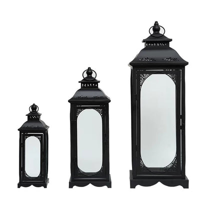 Decorative Metal Glass Lantern Set with Arched Paneled Windows and Filigree Top Acalora