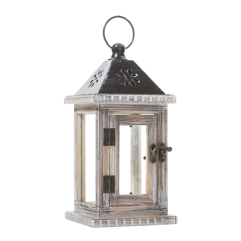 Distressed Wood Glass Candle Lantern with Perforated Metal Top and Vintage Latch Acalora