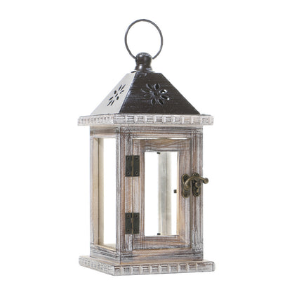 Distressed Wood Glass Candle Lantern with Perforated Metal Top and Vintage Latch Acalora