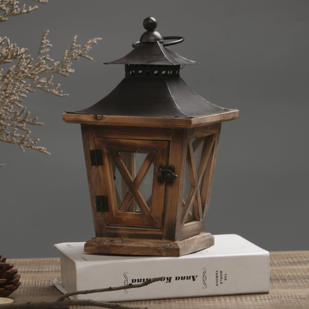 Rustic Wooden Glass-Paneled Lantern with Metal Roof and Latch Candle Holder Acalora