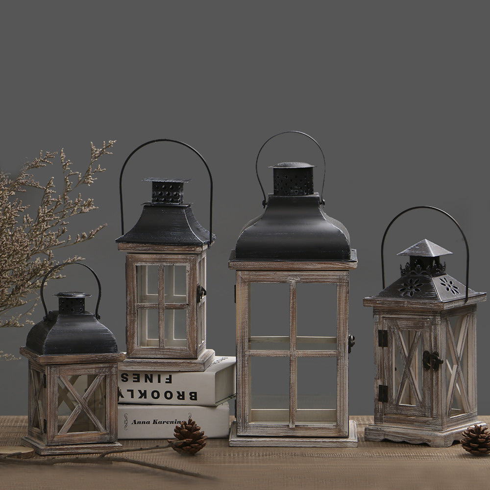 Rustic Distressed Wood Glass-Paneled Decorative Candle Lantern with Metal Top and Carry Handle Acalora
