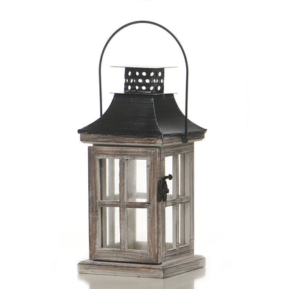 Rustic Wooden Glass-Paneled Lantern with Metal Roof and Latch Candle Holder Acalora