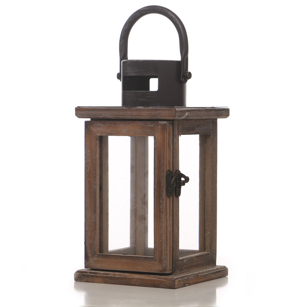 Distressed Wood Glass Candle Lantern with Perforated Metal Top and Vintage Latch Acalora