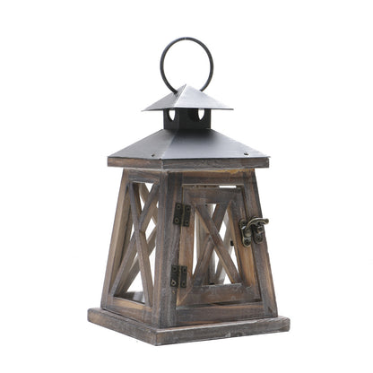 Distressed Wood Glass Candle Lantern with Perforated Metal Top and Vintage Latch Acalora
