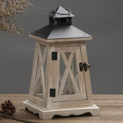 Distressed Wood Glass Candle Lantern with Perforated Metal Top and Vintage Latch Acalora