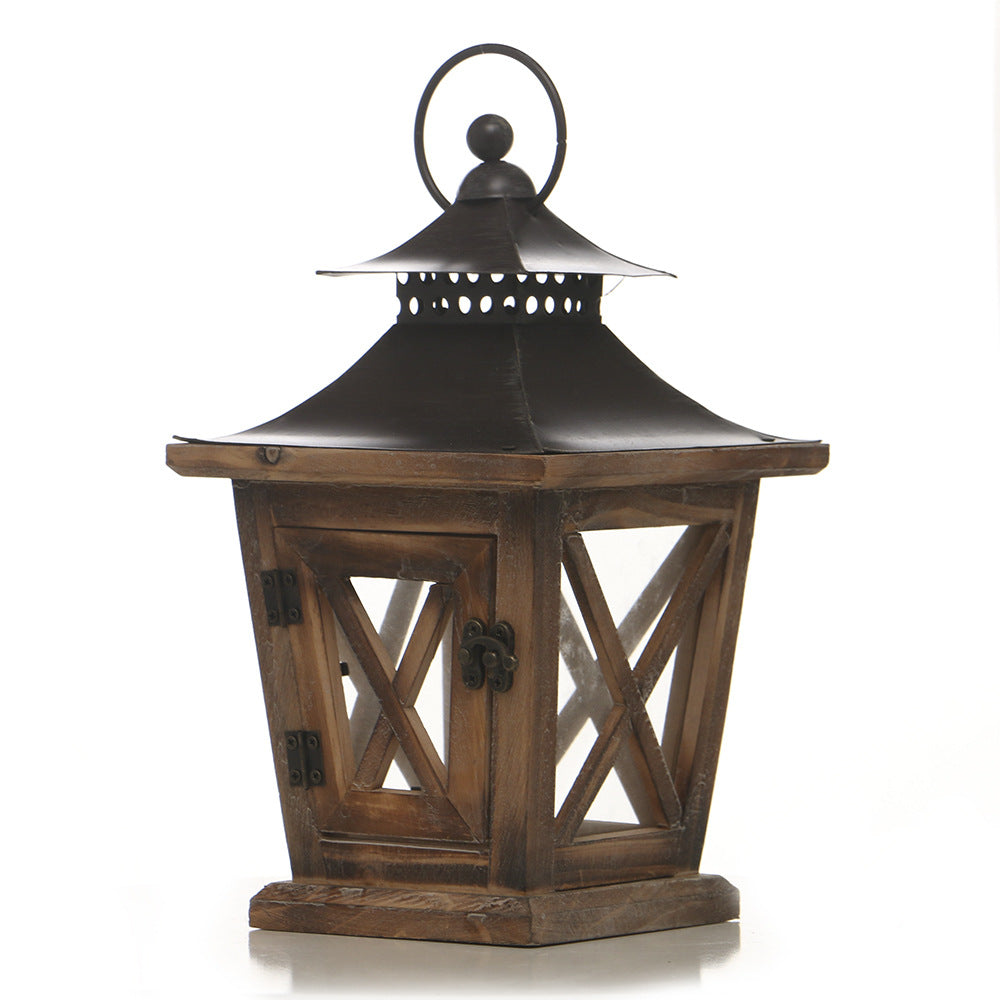 Rustic Wooden Glass-Paneled Lantern with Metal Roof and Latch Candle Holder Acalora