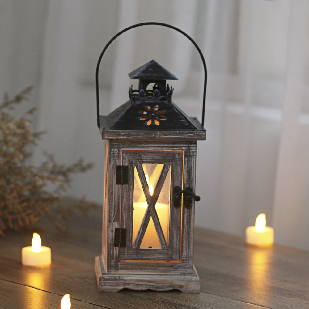 Rustic Distressed Wood Glass-Paneled Decorative Candle Lantern with Metal Top and Carry Handle Acalora