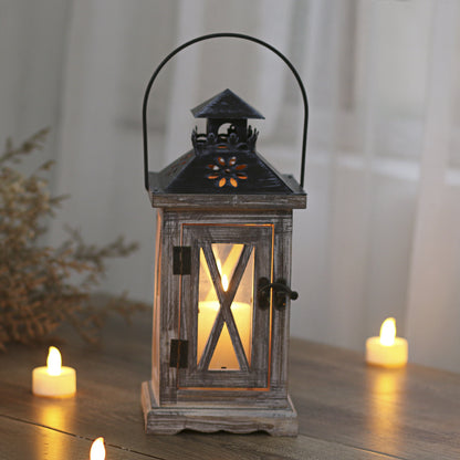 Rustic Distressed Wood Glass-Paneled Decorative Candle Lantern with Metal Top and Carry Handle Acalora