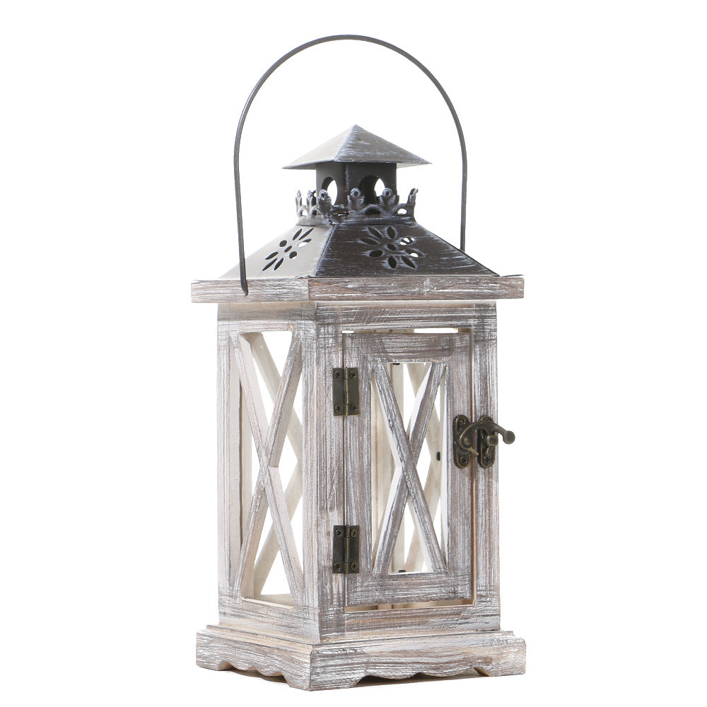 Rustic Distressed Wood Glass-Paneled Decorative Candle Lantern with Metal Top and Carry Handle Acalora
