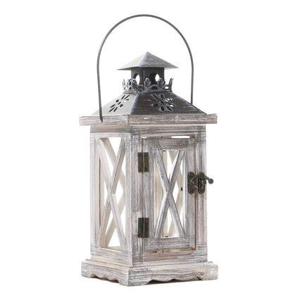 Rustic Distressed Wood Glass-Paneled Decorative Candle Lantern with Metal Top and Carry Handle Acalora