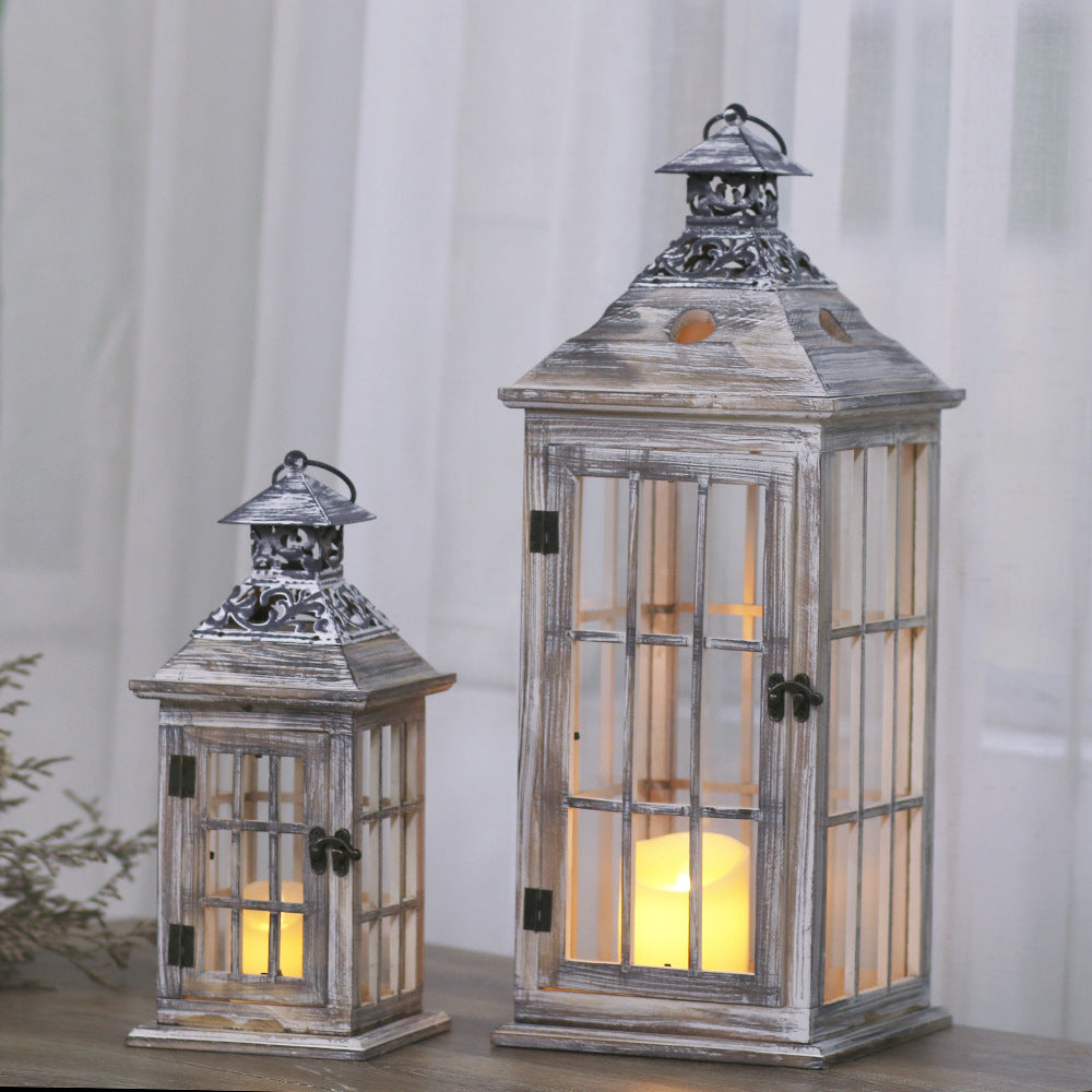 Rustic Distressed Wood Windowpane Glass Candle Lantern Set with Ornate Metal Roof Acalora