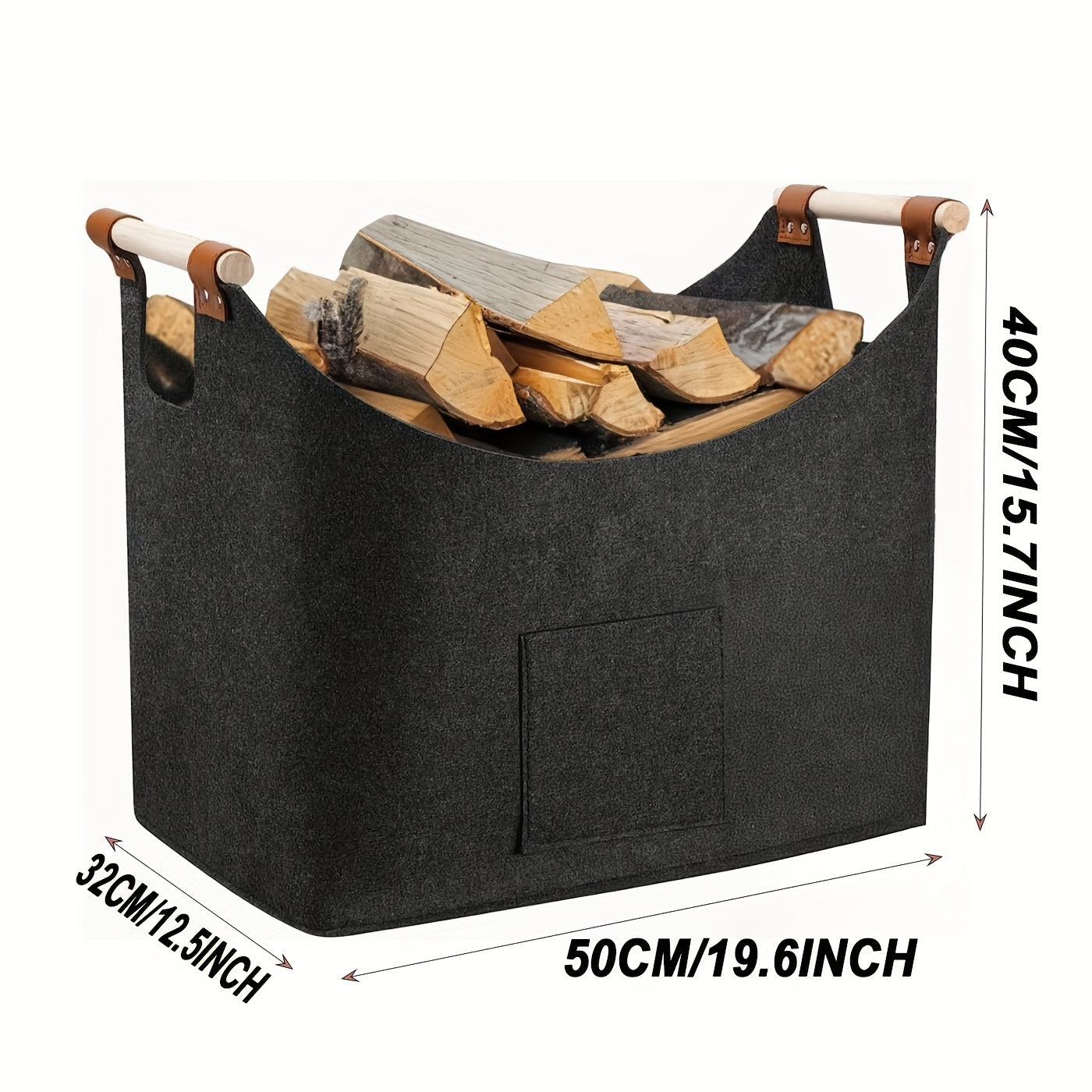 Skanto | Feldura Foldable Felt Firewood Basket 55 liter with Wooden Handles and Leather Details, Dark Grey