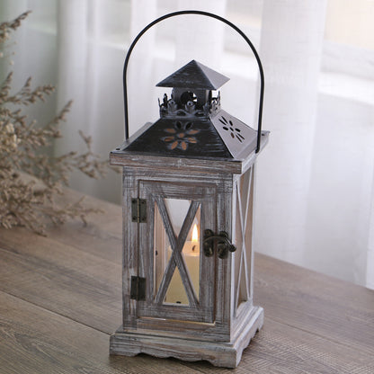 Distressed Wood Glass Candle Lantern with Perforated Metal Top and Vintage Latch Acalora