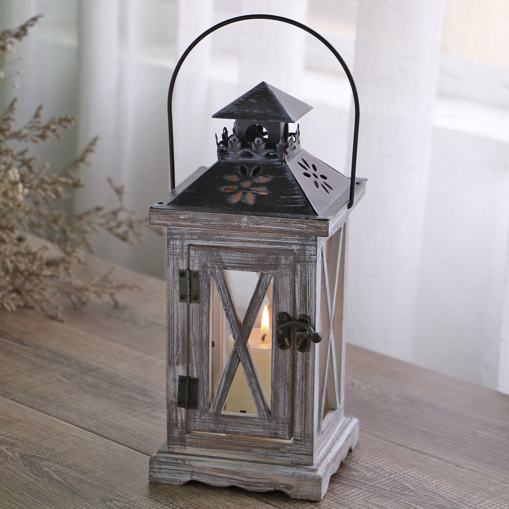 Rustic Distressed Wood Glass-Paneled Decorative Candle Lantern with Metal Top and Carry Handle Acalora